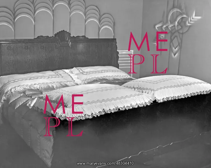 : Bed, 1928. Double bed with blankets and pillows made of Valenciennes lace : Bed, 1928. Double bed with blankets and pillows made of Valenciennes lace