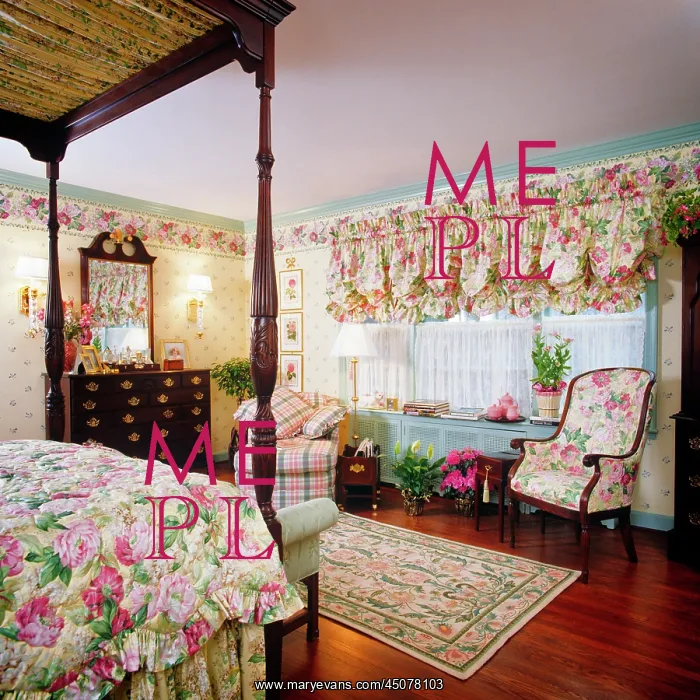 : Bedroom Interior Floral Chintz Fabric on Bedspread : Bedroom Interior Floral Chintz Fabric on Bedspread