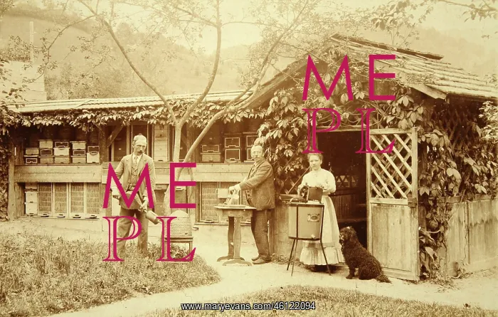 : Three beekeepers in front of their garden : Three beekeepers in front of their garden