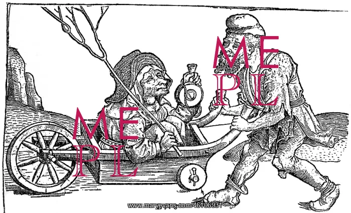 : Beggar pushing his wife in a wheelbarrow : Beggar pushing his wife in a wheelbarrow