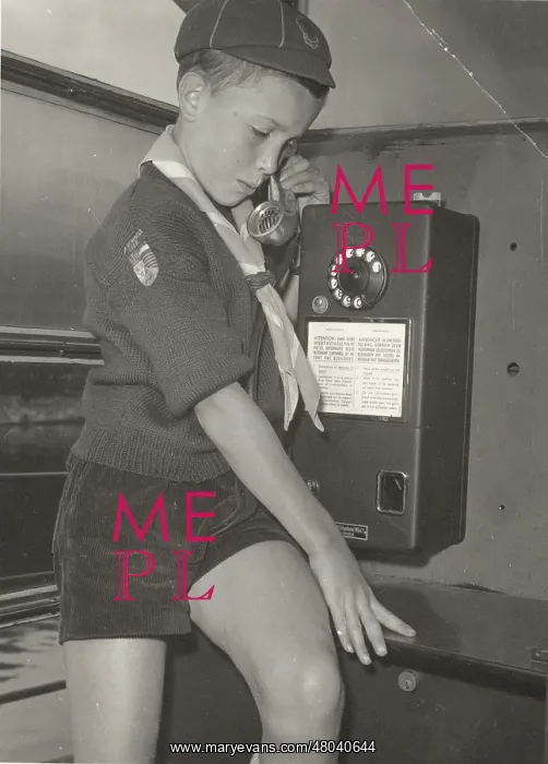 : Belgian boy scout in phone box : Belgian boy scout in phone box