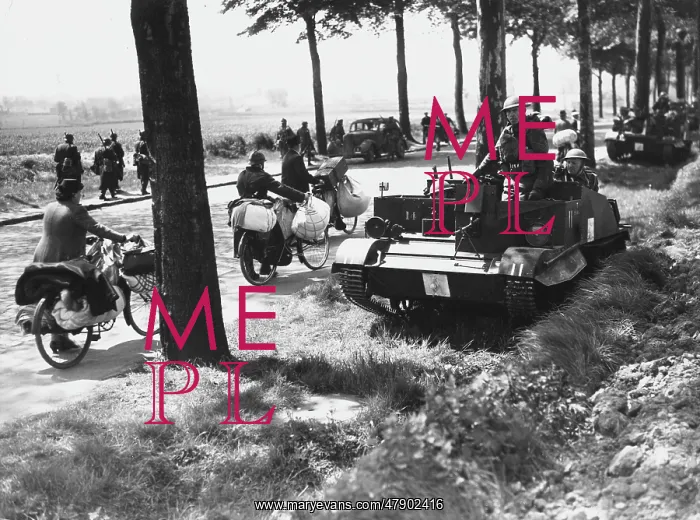 : Belgian refugees passing troops WWII : Belgian refugees passing troops WWII