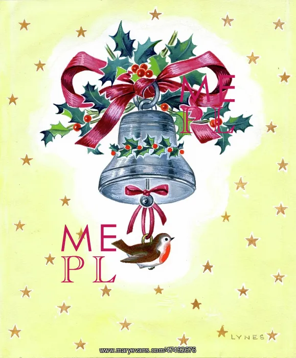 : Bell with holly, red ribbon and robin : Bell with holly, red ribbon and robin