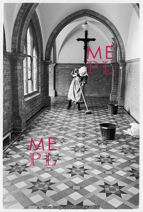 : Benedictine nun cleaning tiled floor, St Cecilia's Abbey : Benedictine nun cleaning tiled floor, St Cecilia's Abbey