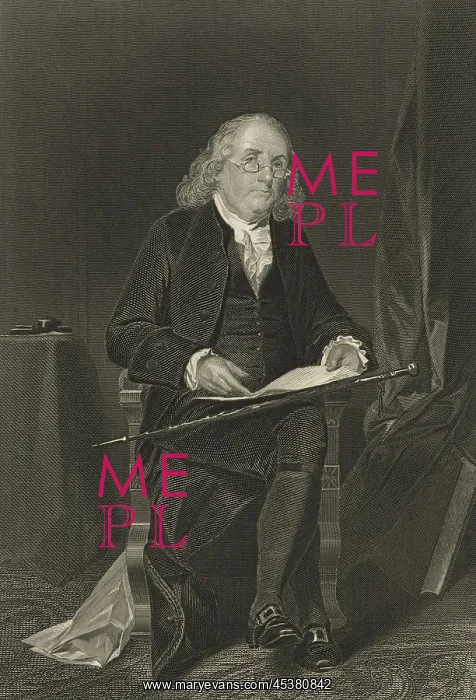 : Benjamin Franklin, holds a document while : Benjamin Franklin, holds a document while