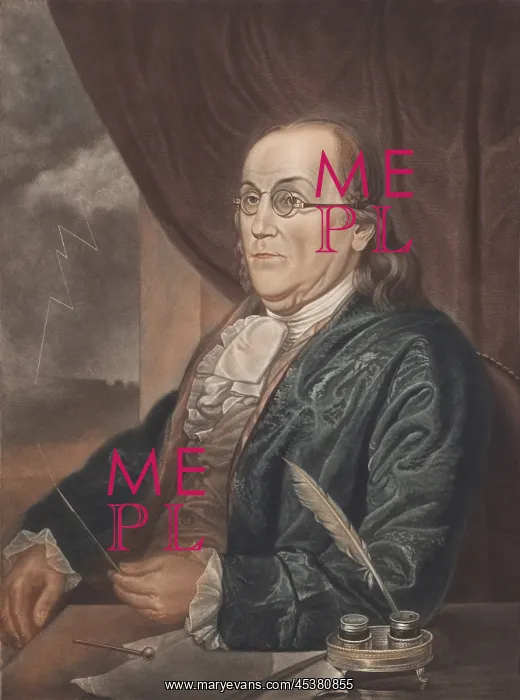 : Benjamin Franklin, holds the tip of a pointed : Benjamin Franklin, holds the tip of a pointed