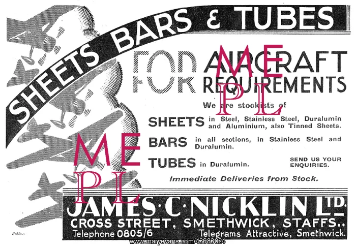: Bernard Nicklin & Co. Smethwick. Aeroplane Steel Sheets : Bernard Nicklin & Co. Smethwick. Aeroplane Steel Sheets