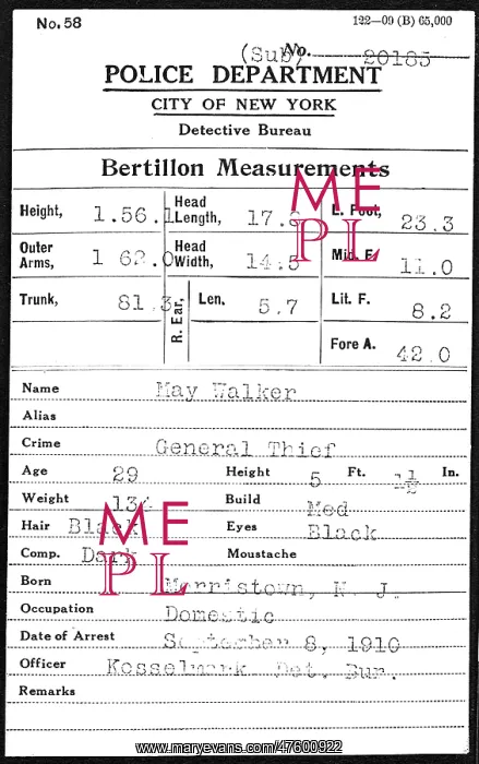: Bertillon Card, 1910, 2 of 2 : Bertillon Card, 1910, 2 of 2