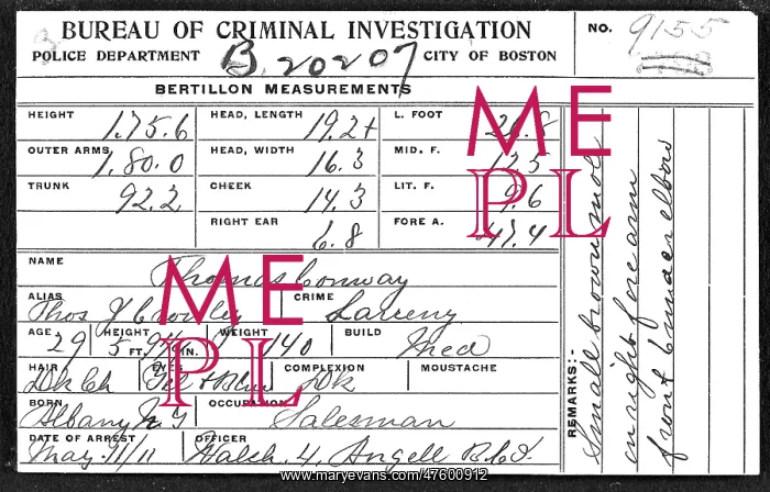 : Bertillon Card, 1911, 2 of 2 : Bertillon Card, 1911, 2 of 2