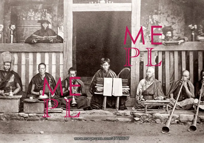 : Bhotan, Bhutanese priests at worship, Darjeeling, India : Bhotan, Bhutanese priests at worship, Darjeeling, India