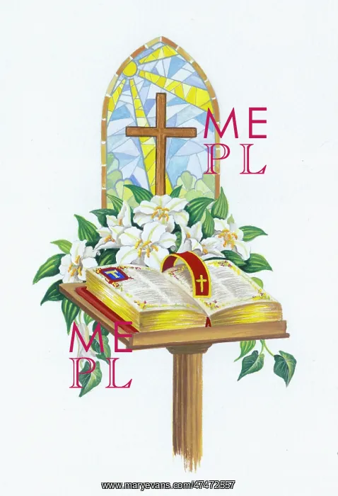  : Bible and stained glass window with lilies
