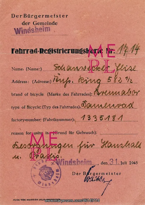 : Bicycle register card : Bicycle register card