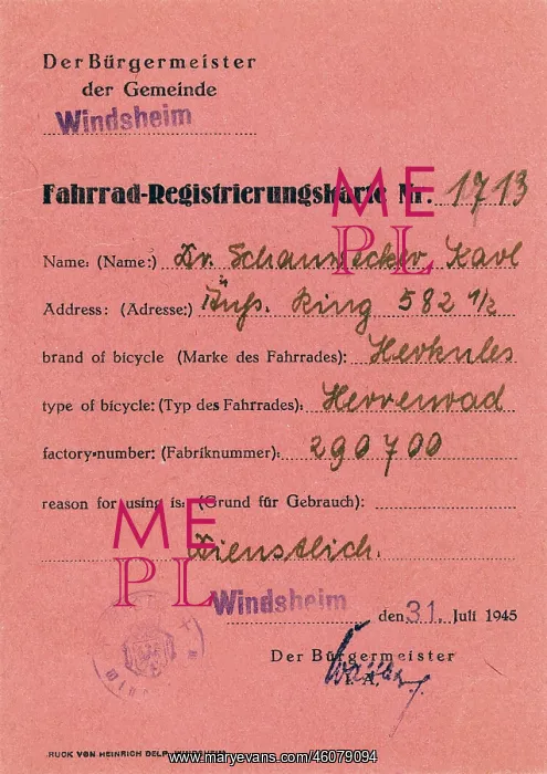 : Bicycle register card, community of Windsheim, Germany : Bicycle register card, community of Windsheim, Germany