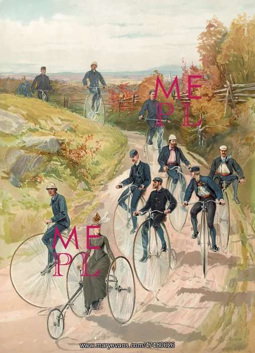: Bicycling. Woman, on three wheel bicycle, followed by men on high-wheelers. Date c1887 : Bicycling. Woman, on three wheel bicycle, followed by men on high-wheelers. Date c1887