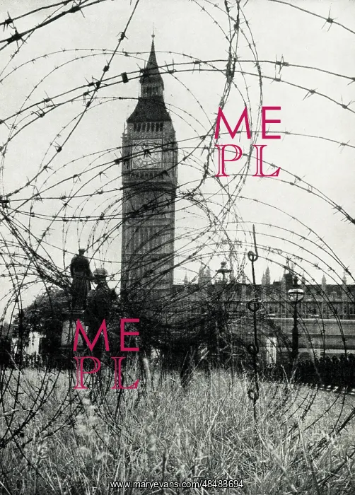 : Big Ben viewed through barbed wire, London, WW2 : Big Ben viewed through barbed wire, London, WW2