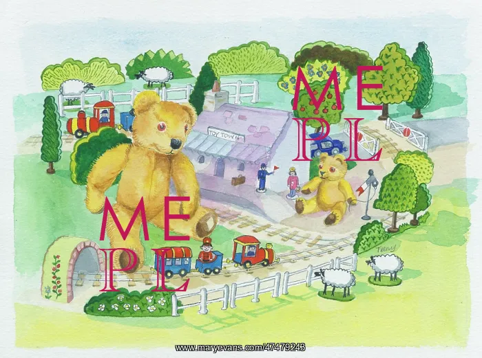  : Big teddy bear and little teddy bear with a train set