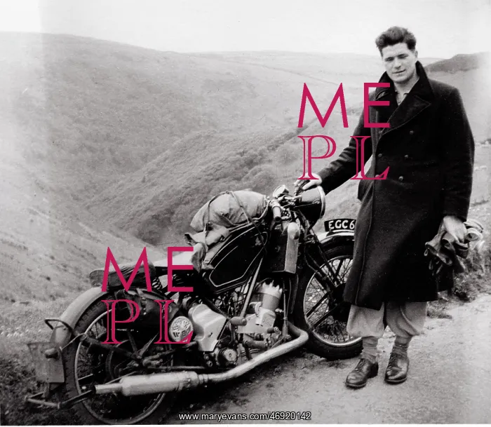 : Biker with his 1938 Scott motorcycle : Biker with his 1938 Scott motorcycle