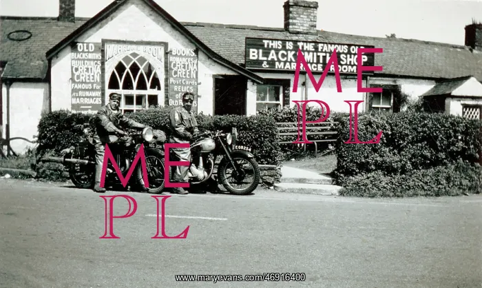 : Bikers on BSA motorcycles, Old Blacksmith's Shop, Gretna Gre : Bikers on BSA motorcycles, Old Blacksmith's Shop, Gretna Gre