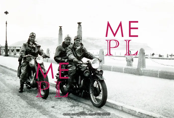 : Three bikers on their veteran BSA motorcycles : Three bikers on their veteran BSA motorcycles