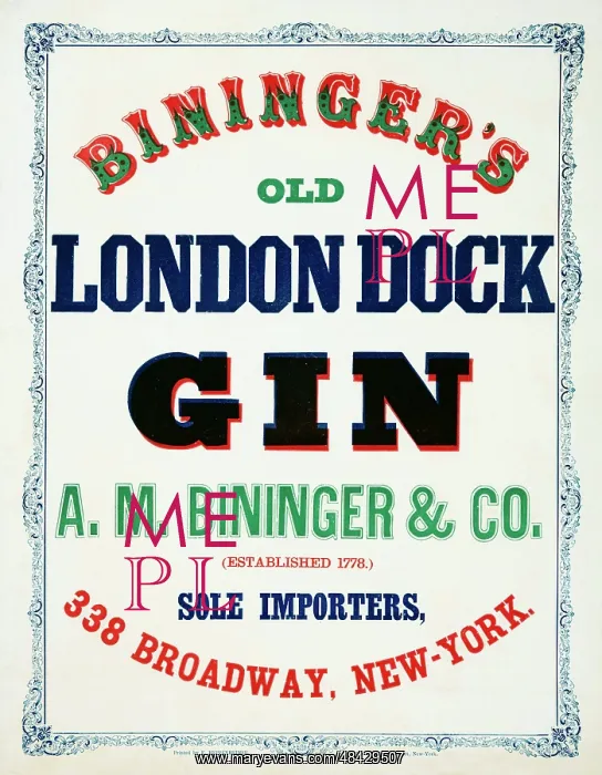 : Bininger's old London dock gin, with a scrollwork border : Bininger's old London dock gin, with a scrollwork border
