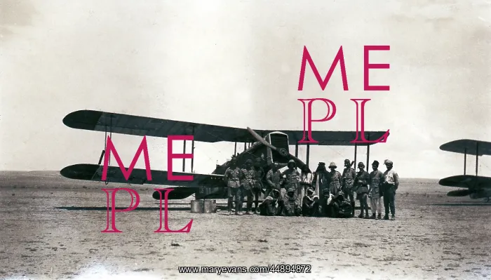 : Biplane with crew and arabs in the desert, Iraq : Biplane with crew and arabs in the desert, Iraq