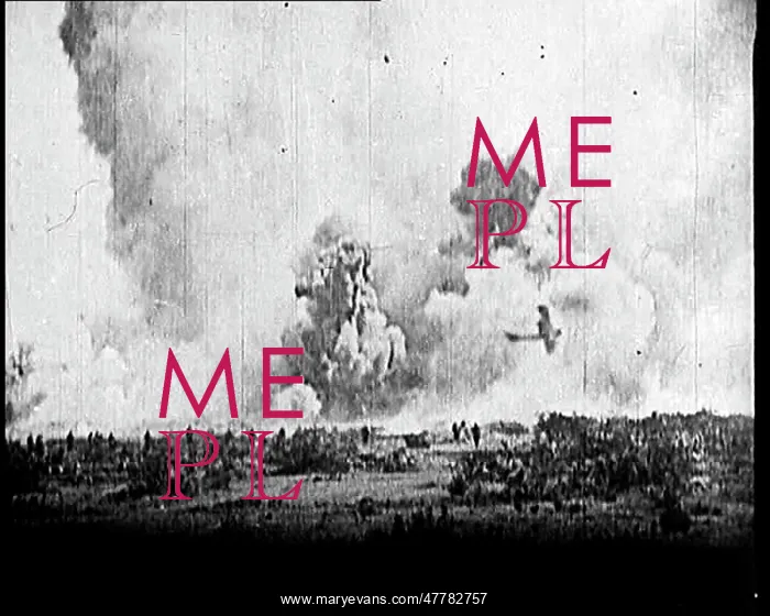 : Biplane Flying Low Past Massive Bomber Explosions : Biplane Flying Low Past Massive Bomber Explosions