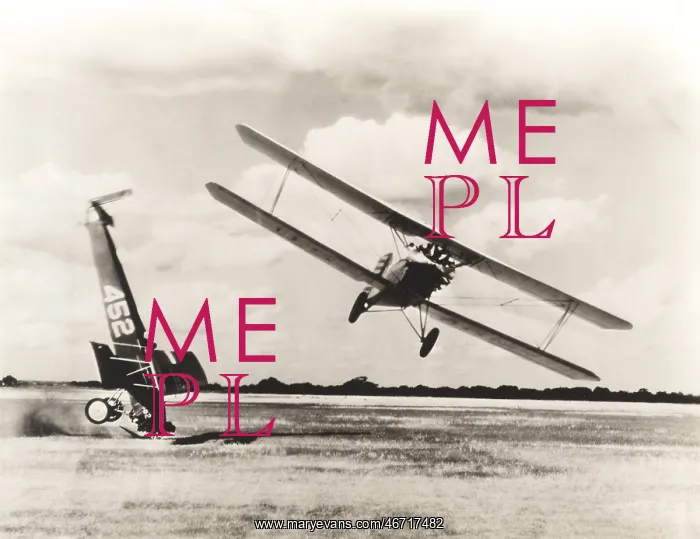: Biplane flying past crash on field : Biplane flying past crash on field