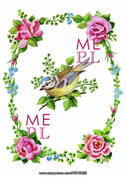 : Bird with Roses and Forget-me-nots : Bird with Roses and Forget-me-nots