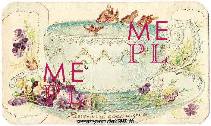 : Birds with cup and saucer on a greetings card : Birds with cup and saucer on a greetings card