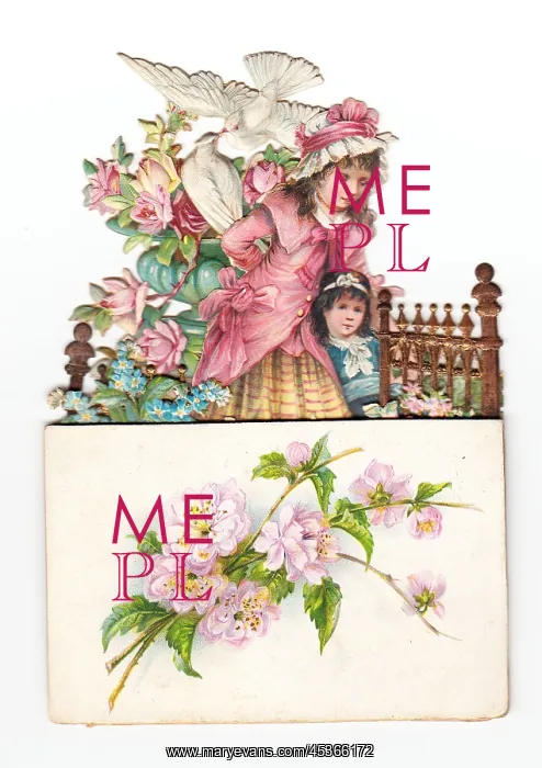 : Birds and flowers with two children on a greetings card : Birds and flowers with two children on a greetings card