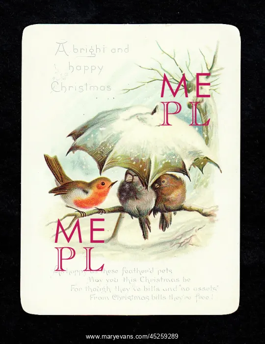: Birds sheltering under umbrella on a Christmas card : Birds sheltering under umbrella on a Christmas card