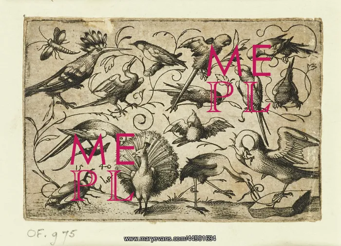 : Ten birds on small foliage tendrils with a stork : Ten birds on small foliage tendrils with a stork