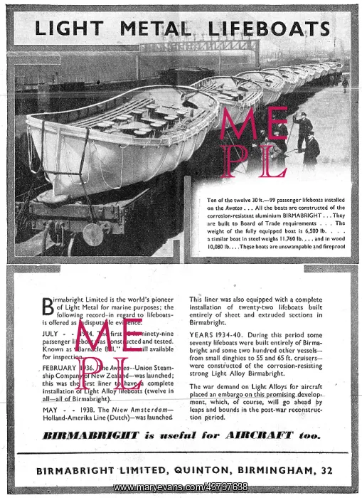 : Birmabright Light Alloy Sheet & Strip. HMT Awatea Lifeboats : Birmabright Light Alloy Sheet & Strip. HMT Awatea Lifeboats
