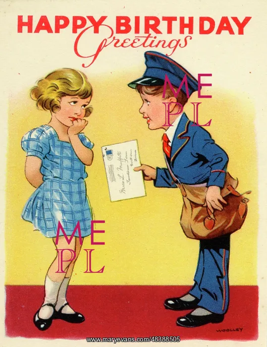 : Birthday card, girl and postman : Birthday card, girl and postman