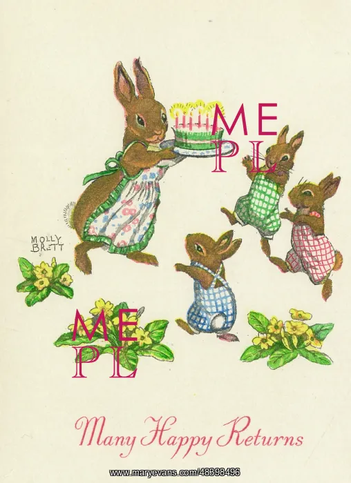: Birthday card, Many Happy Returns, rabbits with cake : Birthday card, Many Happy Returns, rabbits with cake