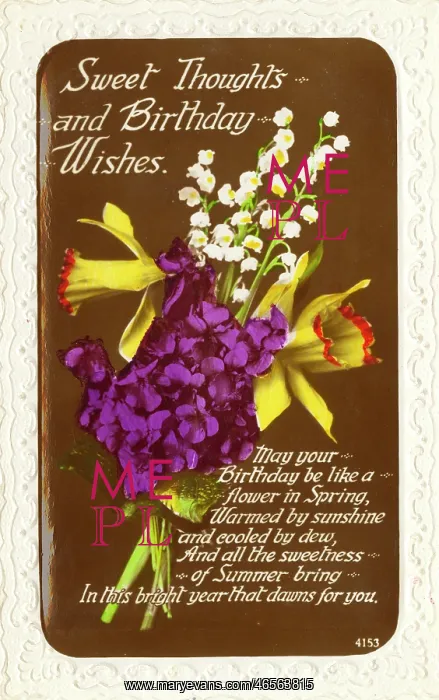 : Birthday card with violets, lily of the valley and daffodils : Birthday card with violets, lily of the valley and daffodils