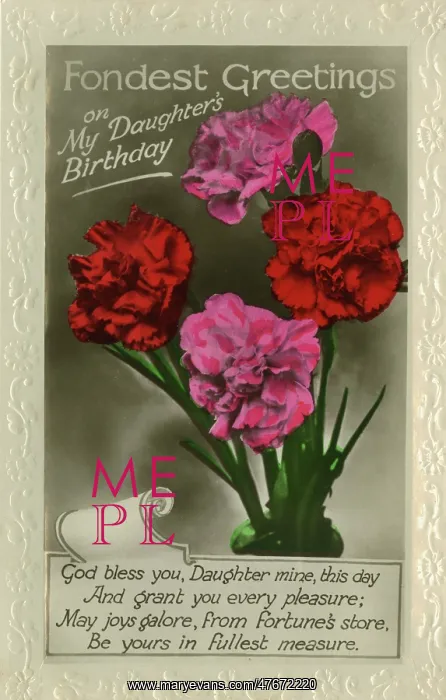 : Birthday postcard with carnations and verse : Birthday postcard with carnations and verse