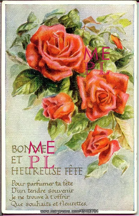 : Birthday postcard, Orange roses, Bonne et Heureuse Fete : Birthday postcard, Orange roses, Bonne et Heureuse Fete