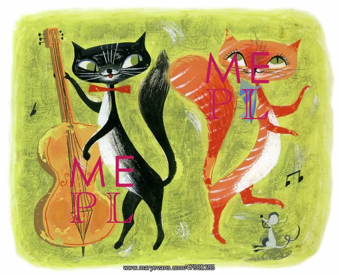 : Black cat with double bass ginger cat dancing : Black cat with double bass ginger cat dancing