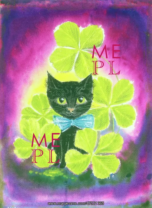 : Black cat with four-leaved clover : Black cat with four-leaved clover