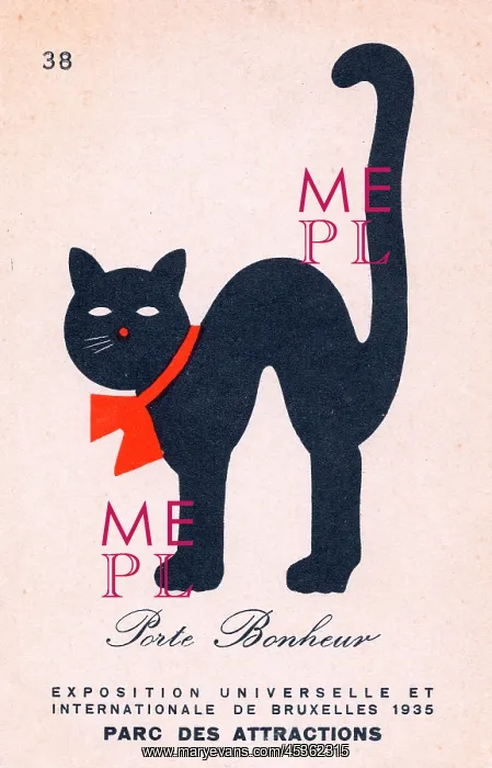 : Black cat with red ribbon on a Belgian postcard : Black cat with red ribbon on a Belgian postcard