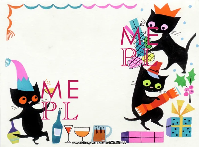 : Three black cats with stocking, cracker, parcels and wine : Three black cats with stocking, cracker, parcels and wine