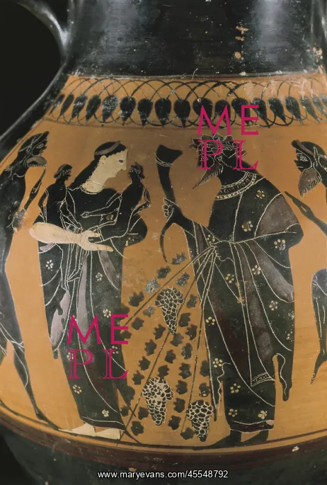 : Black-figure vase. Detail with Dyonisus and Leto : Black-figure vase. Detail with Dyonisus and Leto