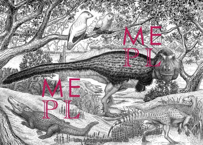 : Black ink drawing of extinct animals from the Hell Creek ? : Black ink drawing of extinct animals from the Hell Creek ?