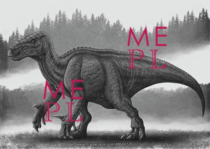 : Black and white illustration of an Iguanodon quadruped : Black and white illustration of an Iguanodon quadruped