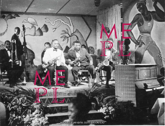 : Black and white image of jazz band performing : Black and white image of jazz band performing