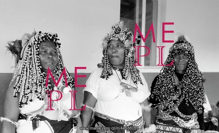 : Black and white photo of three sangoma elders : Black and white photo of three sangoma elders