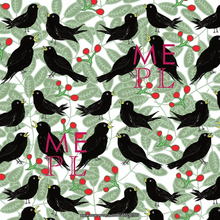 : Blackbirds amongst leaves and berries : Blackbirds amongst leaves and berries