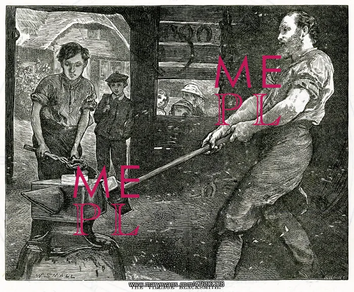 : Blacksmith hammering at a lump of metal with a long hammer : Blacksmith hammering at a lump of metal with a long hammer