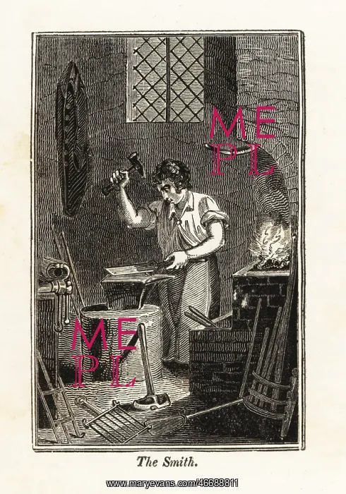 : Blacksmith hammering metal on an anvil in a smithy : Blacksmith hammering metal on an anvil in a smithy